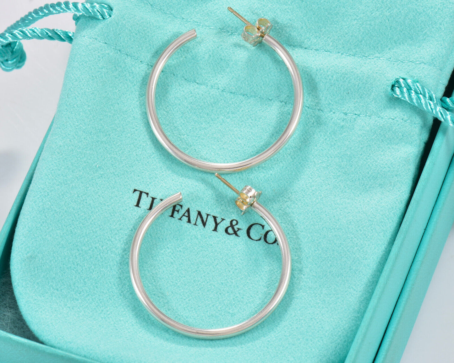 Tiffany & Co Silver 1.25" Large Narrow Tube Hoop Earrings in Box Rare 31mm Bar