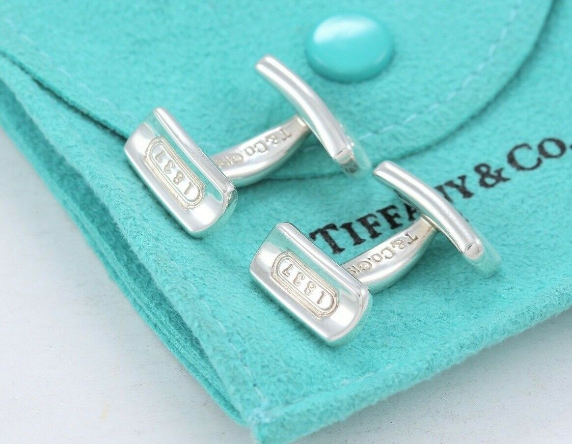 Tiffany & Co Sterling Silver Iconic 1837 Bar Cufflinks & Pouch Men's Suit Gift