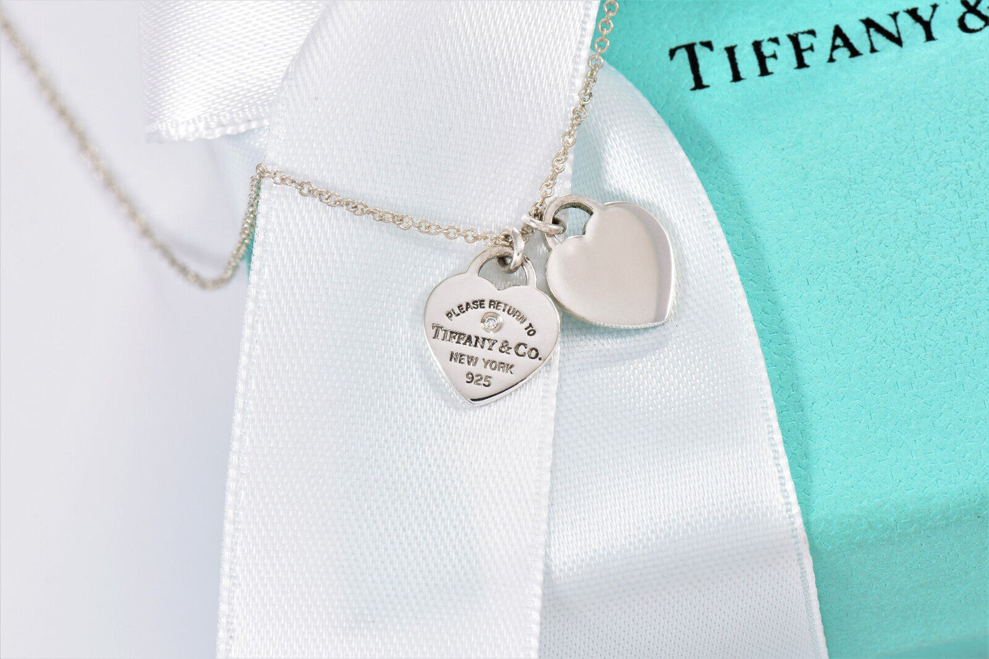 Return To Tiffany & Co Diamond Silver Mini Double Heart Pendant 16" Necklace