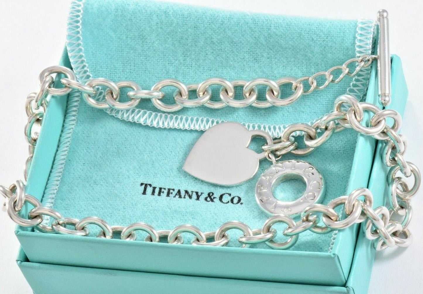 Tiffany & Co Silver Blank Heart Tag Engravable Toggle Chain Necklace 16.5" Pouch