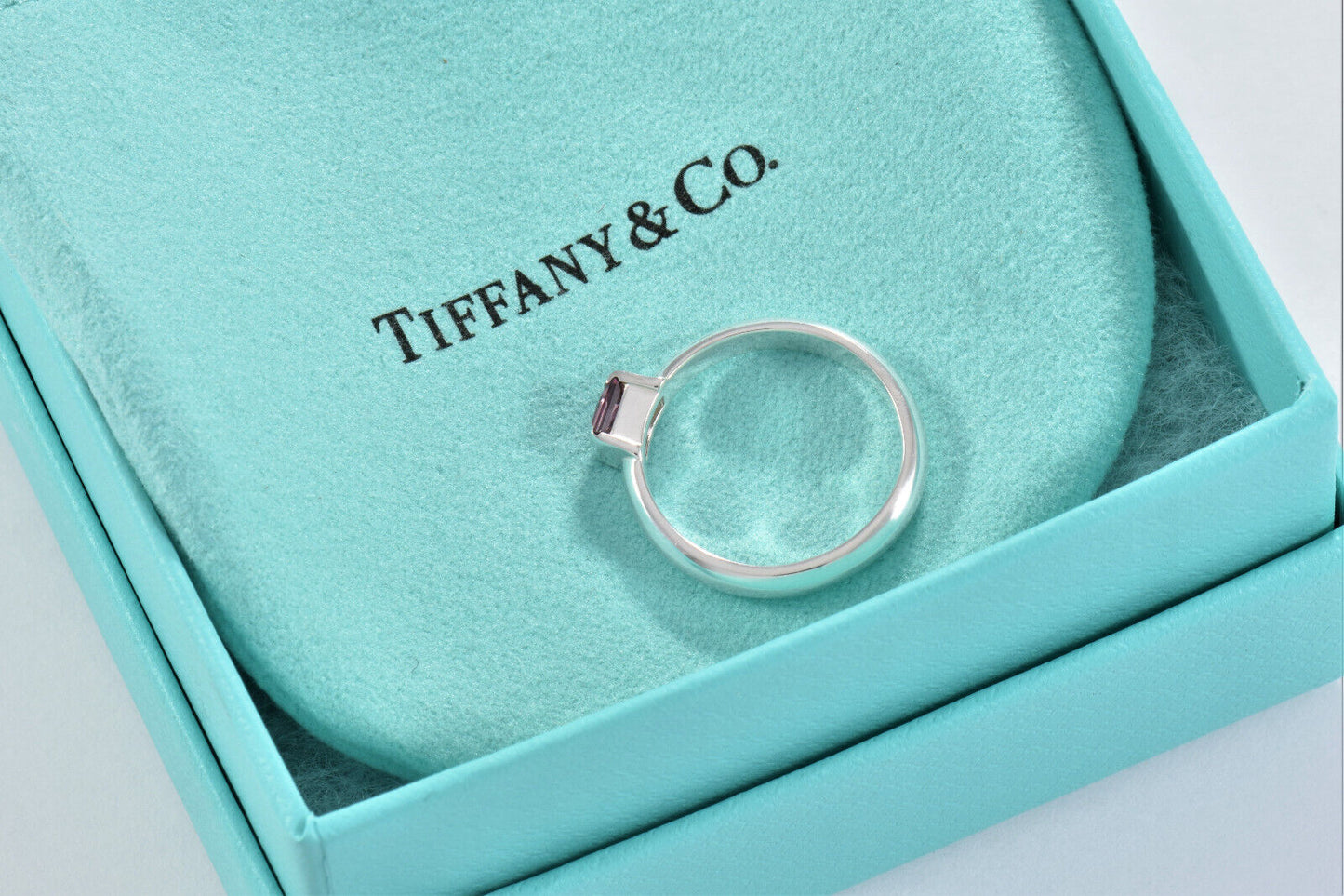 Tiffany & Co Sterling Silver Pink Sapphire Square Stack Band Ring Size 6 Boxed