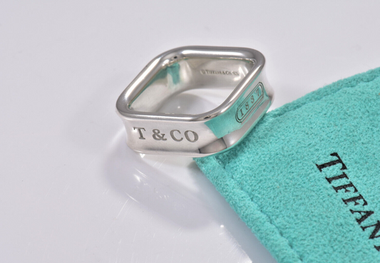 Tiffany & Co 1837 Sterling Silver Square Wide Band Ring Size 4.5 and Pouch Rare