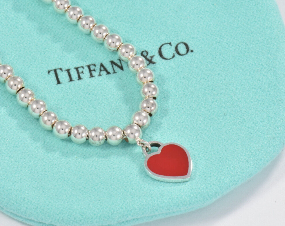 Please Return To Tiffany & Co Silver Red Enamel Heart Charm Bead Bracelet 7"