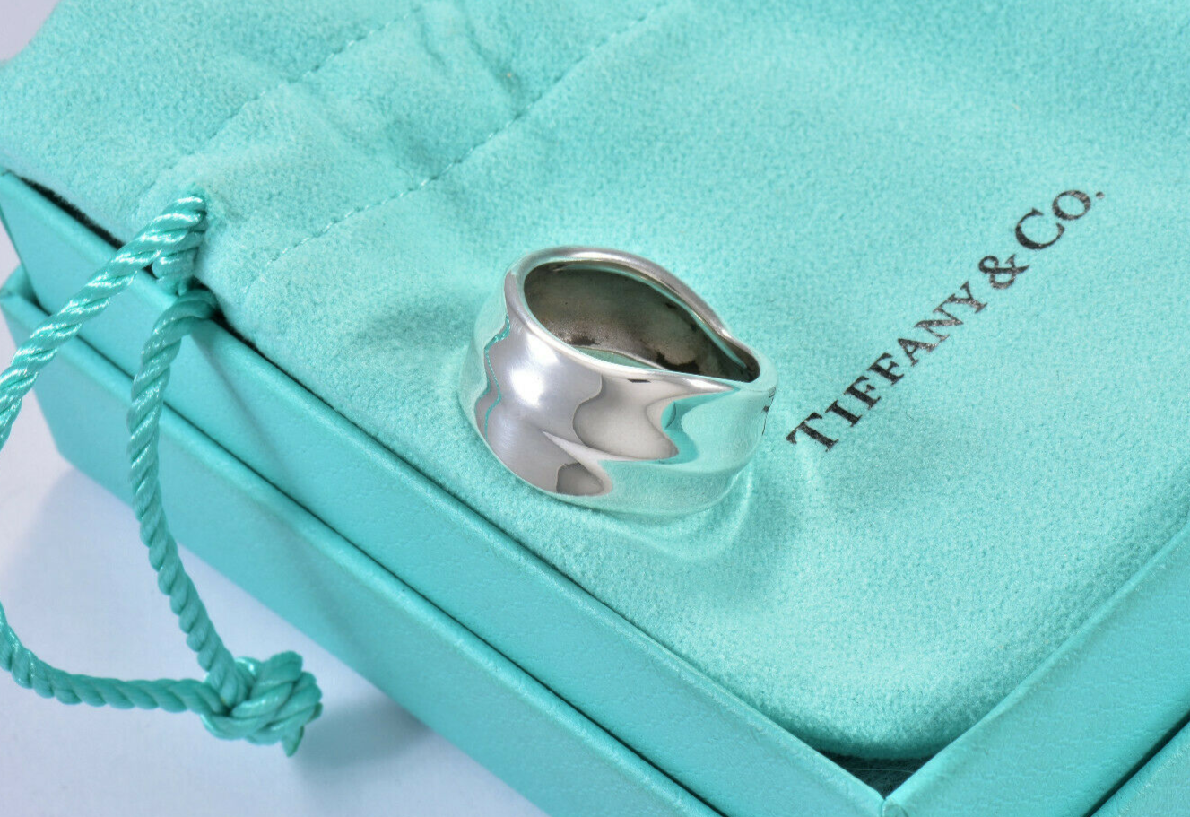 Vintage Tiffany & Co Sterling Silver Leaf Band Wide Ring Size 6.5 & Pouch Nature