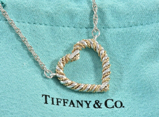 Vintage Tiffany & Co Silver Gold Heart Rope 19" Necklace in Pouch Rare Twist