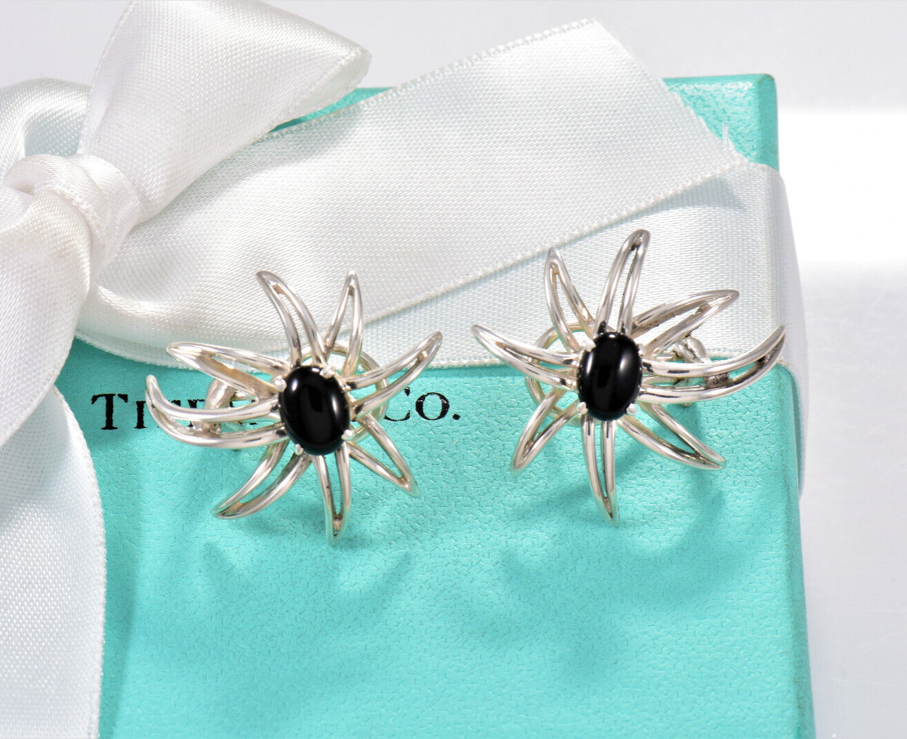 Vintage Tiffany & Co Silver Black Onyx Fireworks Clip On Earrings in Pouch Gem