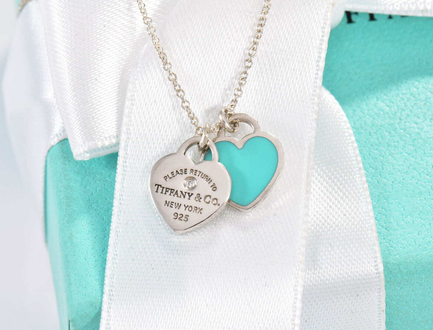 Return Tiffany & Co Diamond Silver Mini Double Heart Blue Enamel Necklace in Box