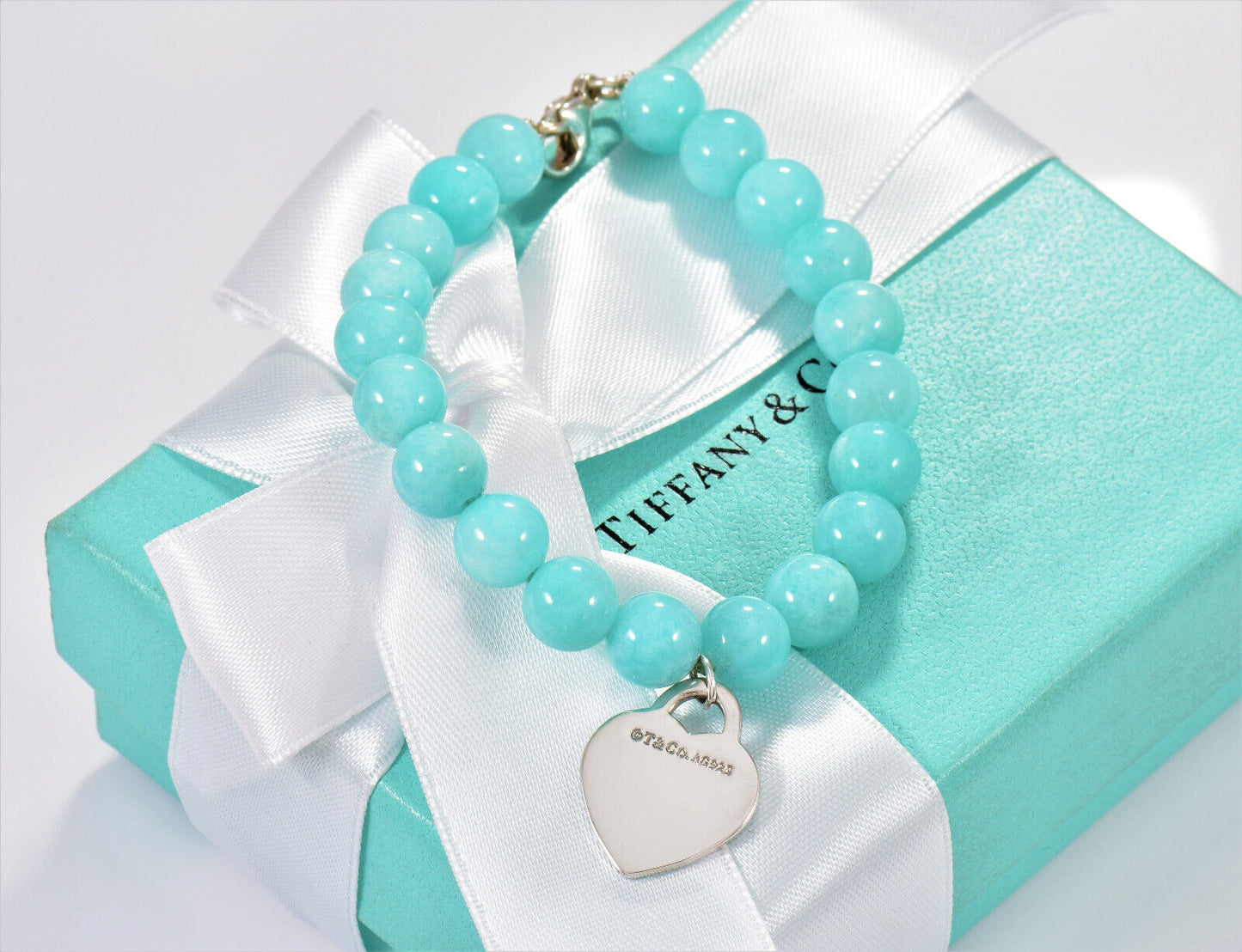 Please Return Tiffany & Co Blue Amazonite Silver Heart 8mm Bead 7.25" Bracelet