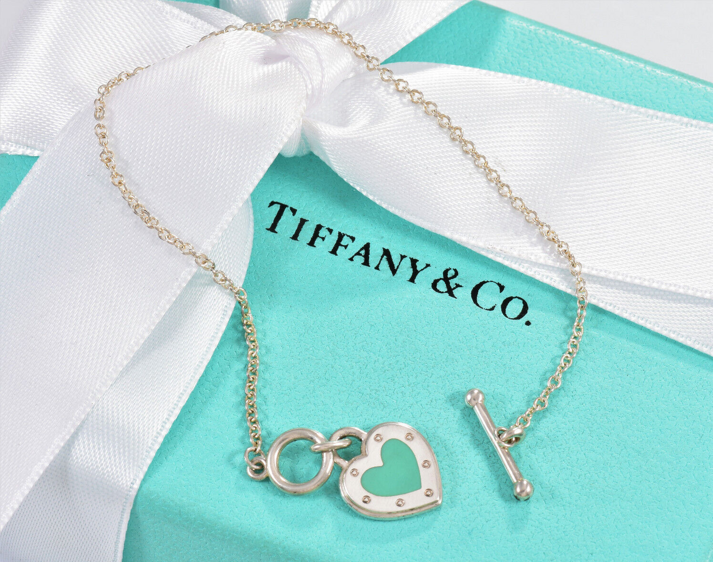 Return To Tiffany & Co Silver Blue Enamel Heart Charm Toggle 7.25" Bracelet Rare