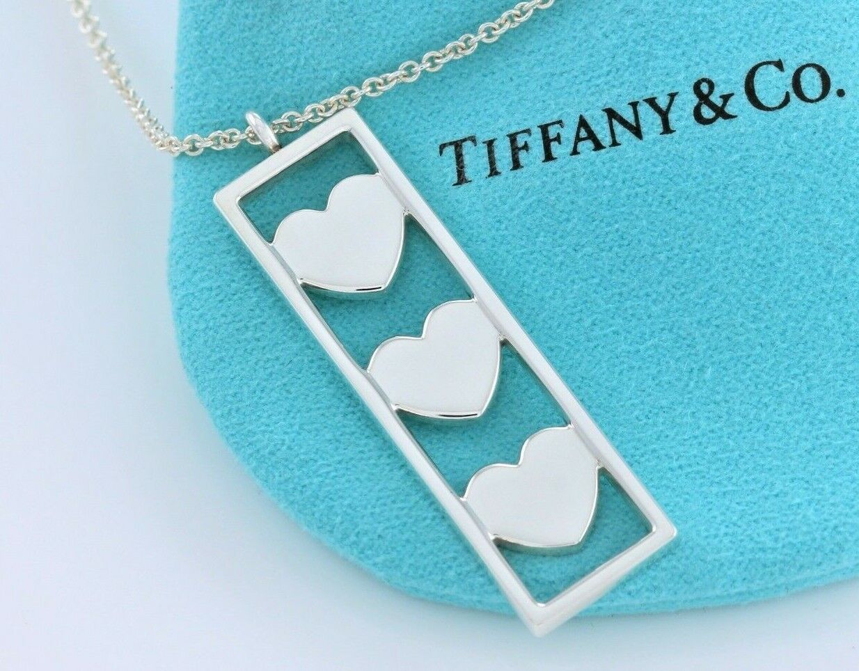 Tiffany & Co Sterling Silver Three Heart Bar Pendant 16" Necklace in Pouch Rare