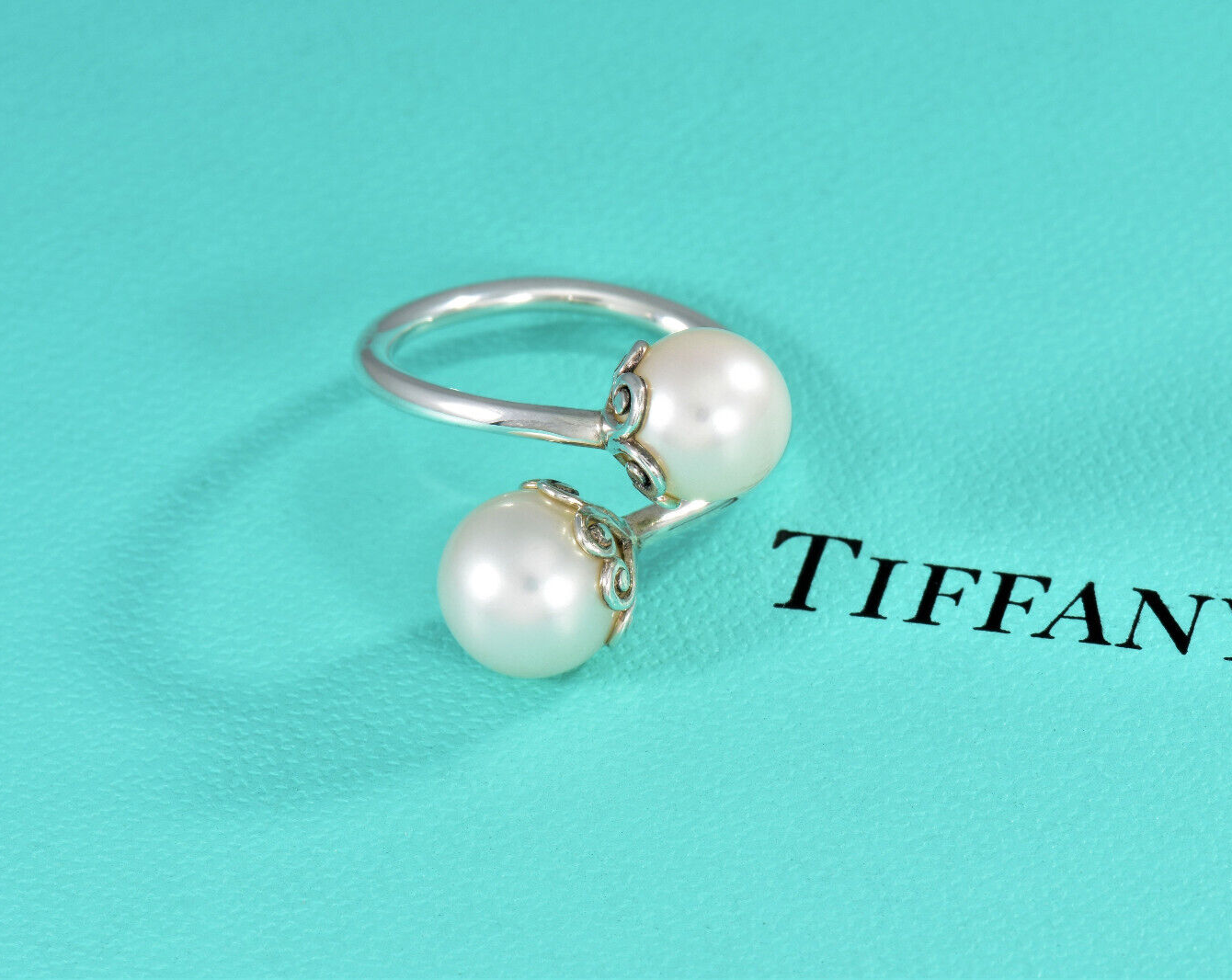 Tiffany & Co Silver Pearl Paloma Picasso Venezia Heart Bypass Ring Size 7 Pouch