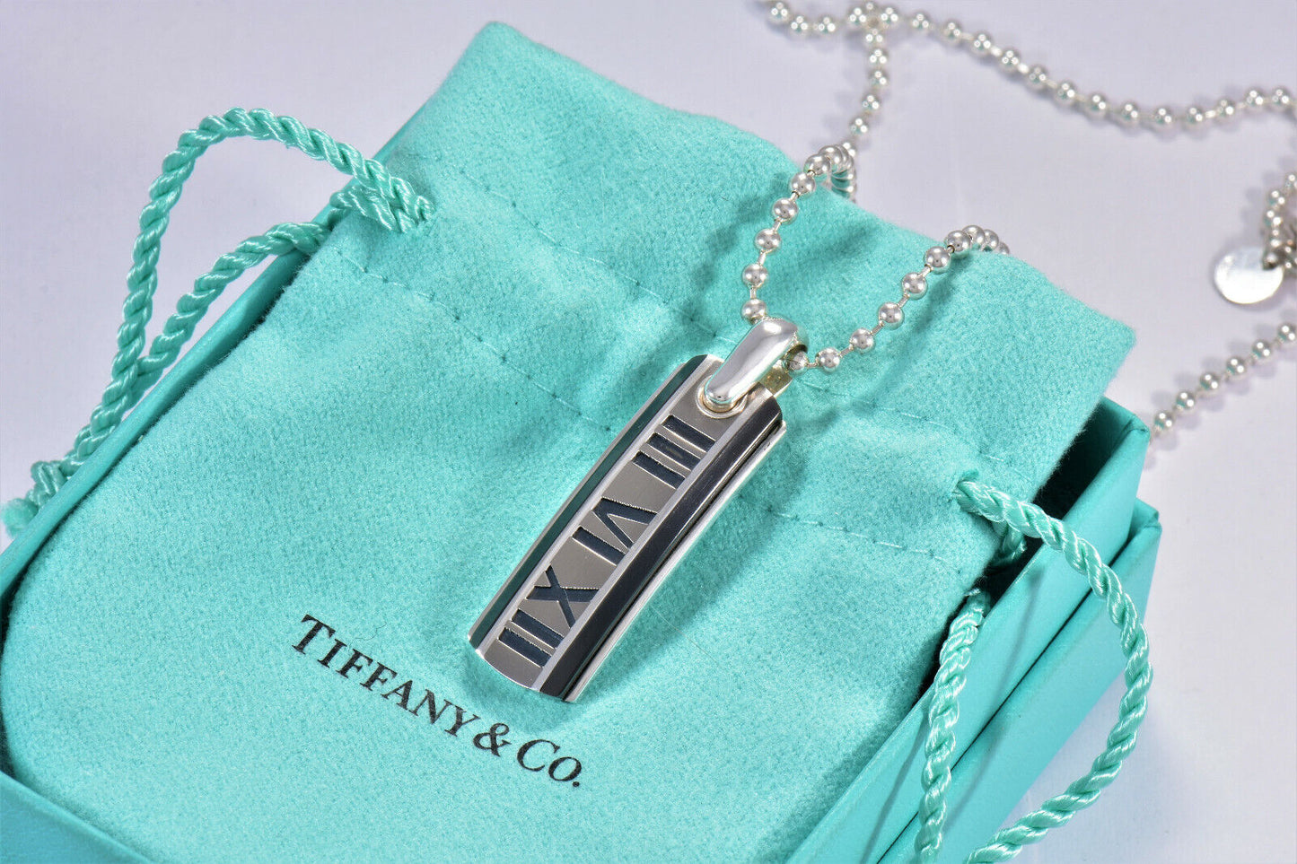 Tiffany & Co Titanium Silver Atlas Bar Dog Tag Bead Chain Necklace in Pouch Rare