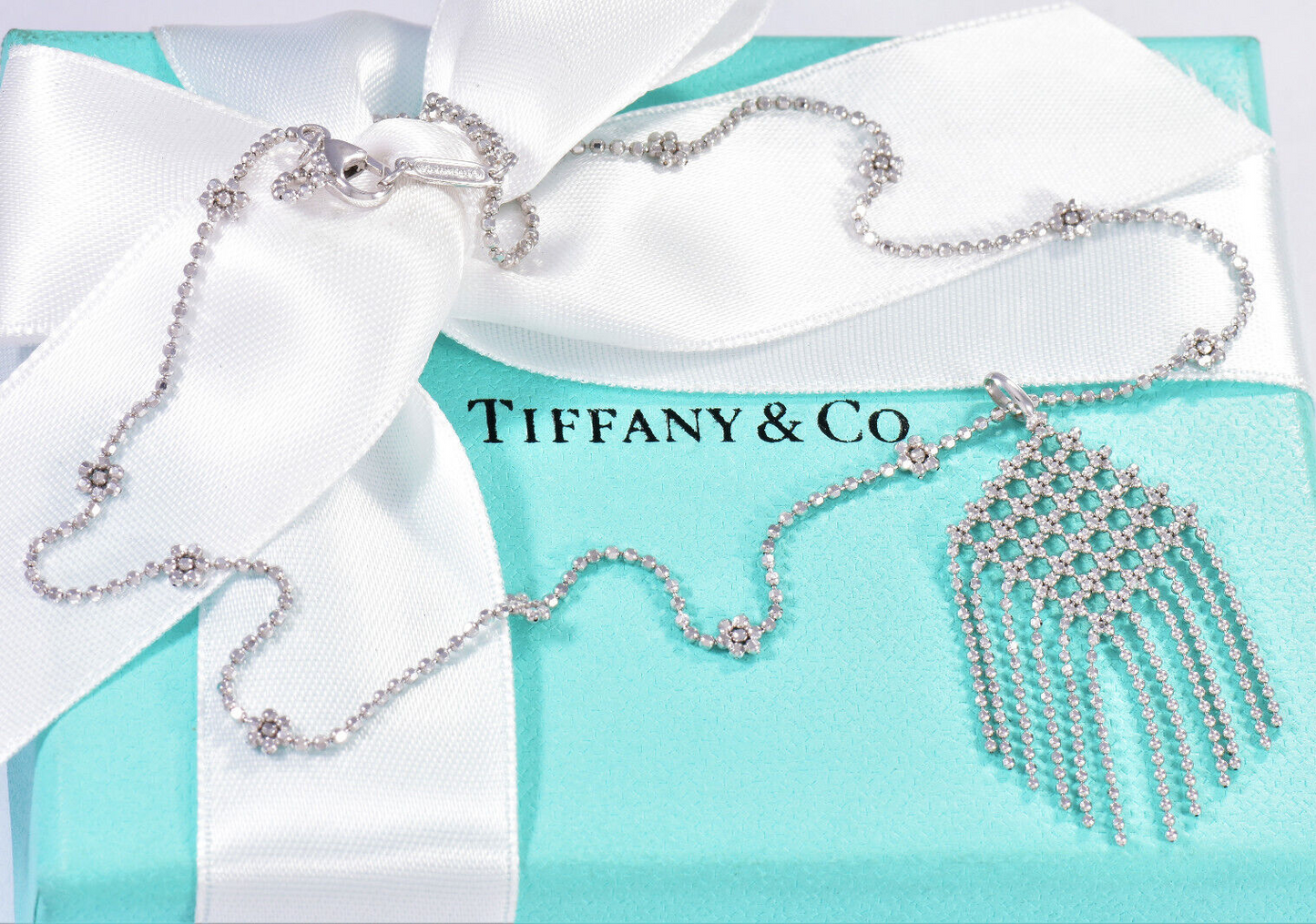 Tiffany & Co 18K Gold Gatsby Fringe Dangling Flower Bead Drop Necklace Box Pouch