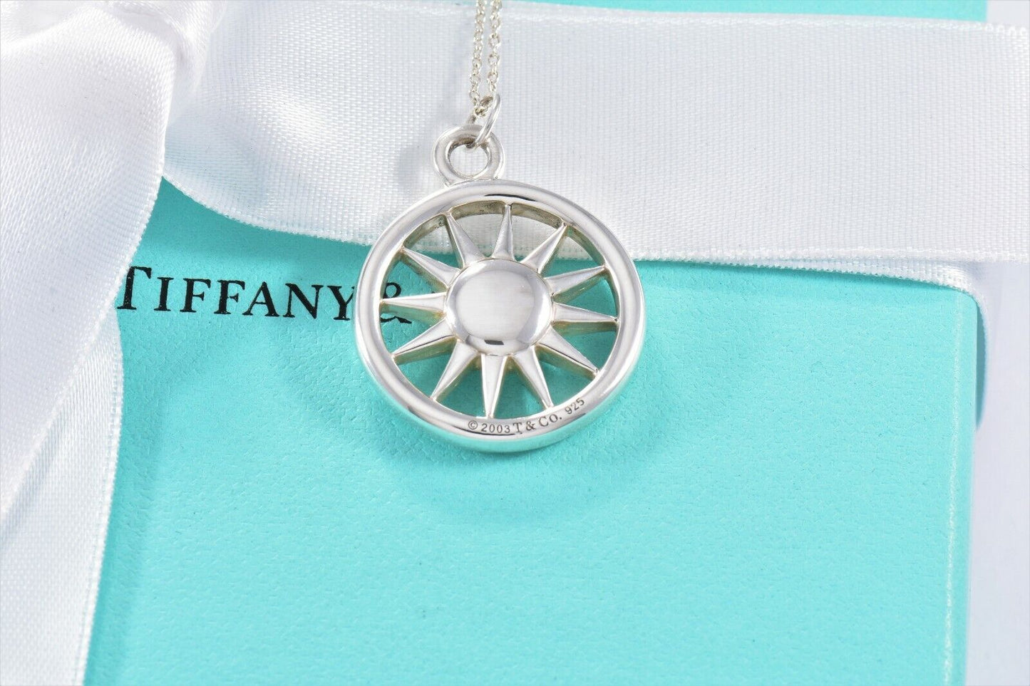 Tiffany & Co Sterling Silver Sun Pendant XL 25" Chain Necklace Rare Summer Art