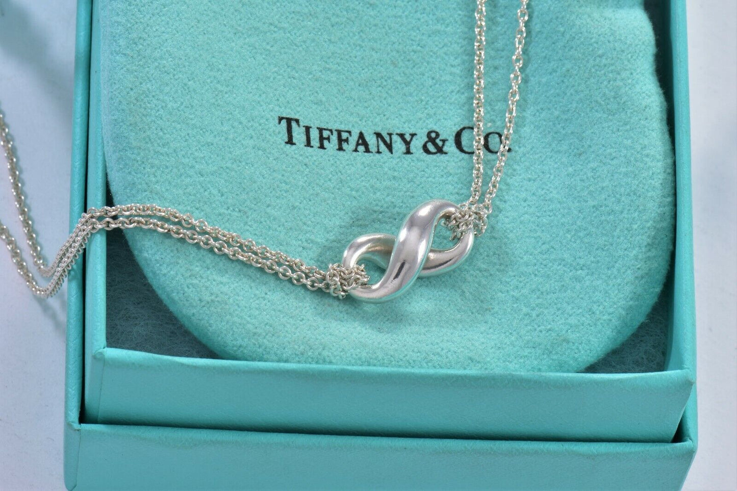 Tiffany & Co Sterling Silver Infinity Double Chain Necklace 16" in Pouch Classic