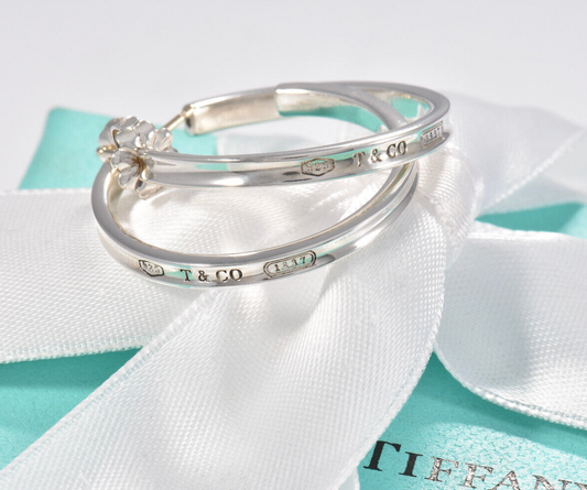 Tiffany & Co Sterling Silver 1837 28mm Medium Hoop Earrings in Box Narrow Rare