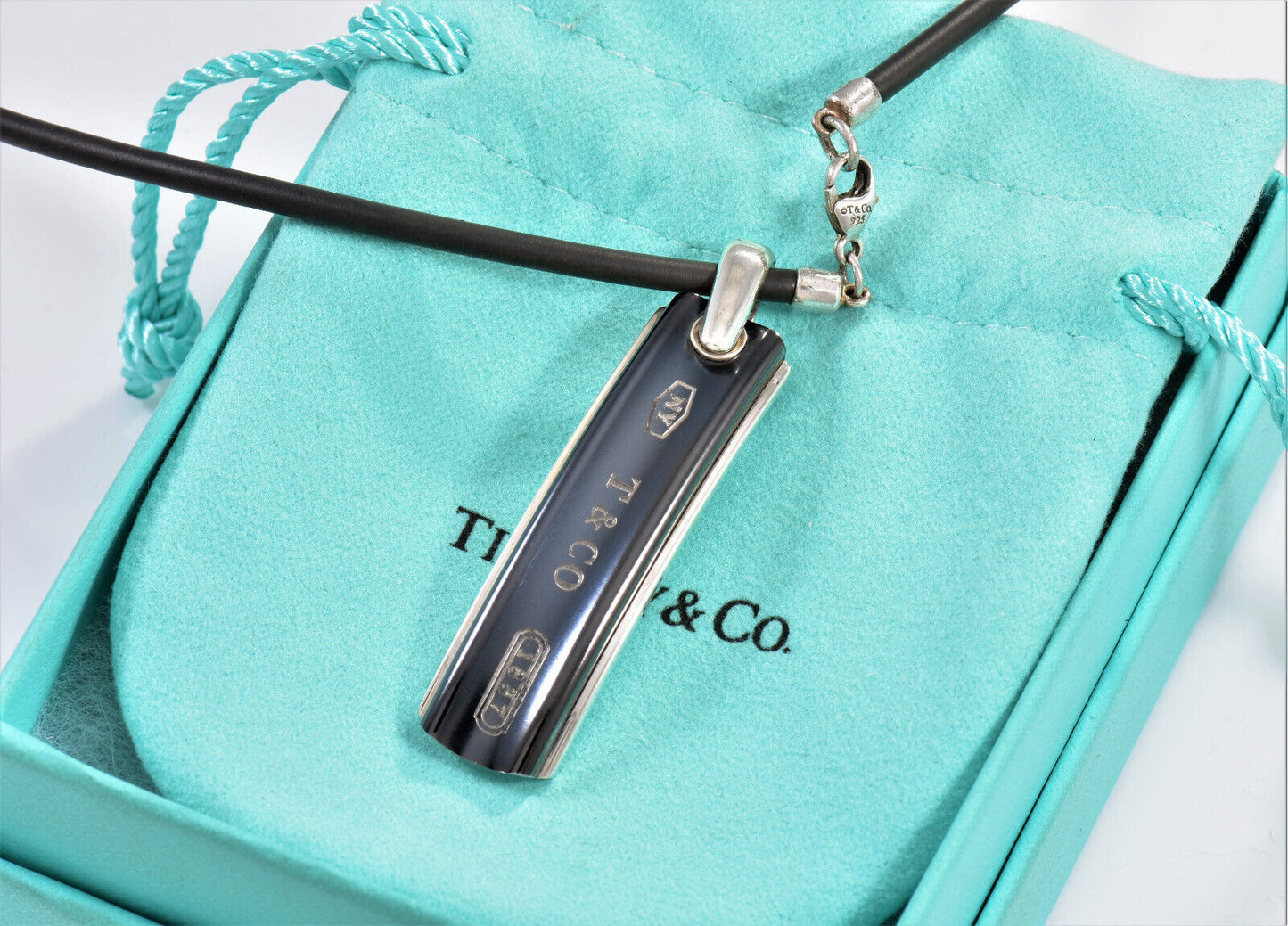 Tiffany & Co Silver Titanium 1837 Bar Rubber Surfer DogTag Necklace & Pouch Rare