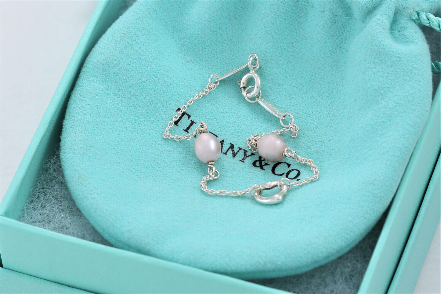 Tiffany & Co Silver Elsa Peretti Open Heart Pink Pearl By Yard Bracelet 7.5"