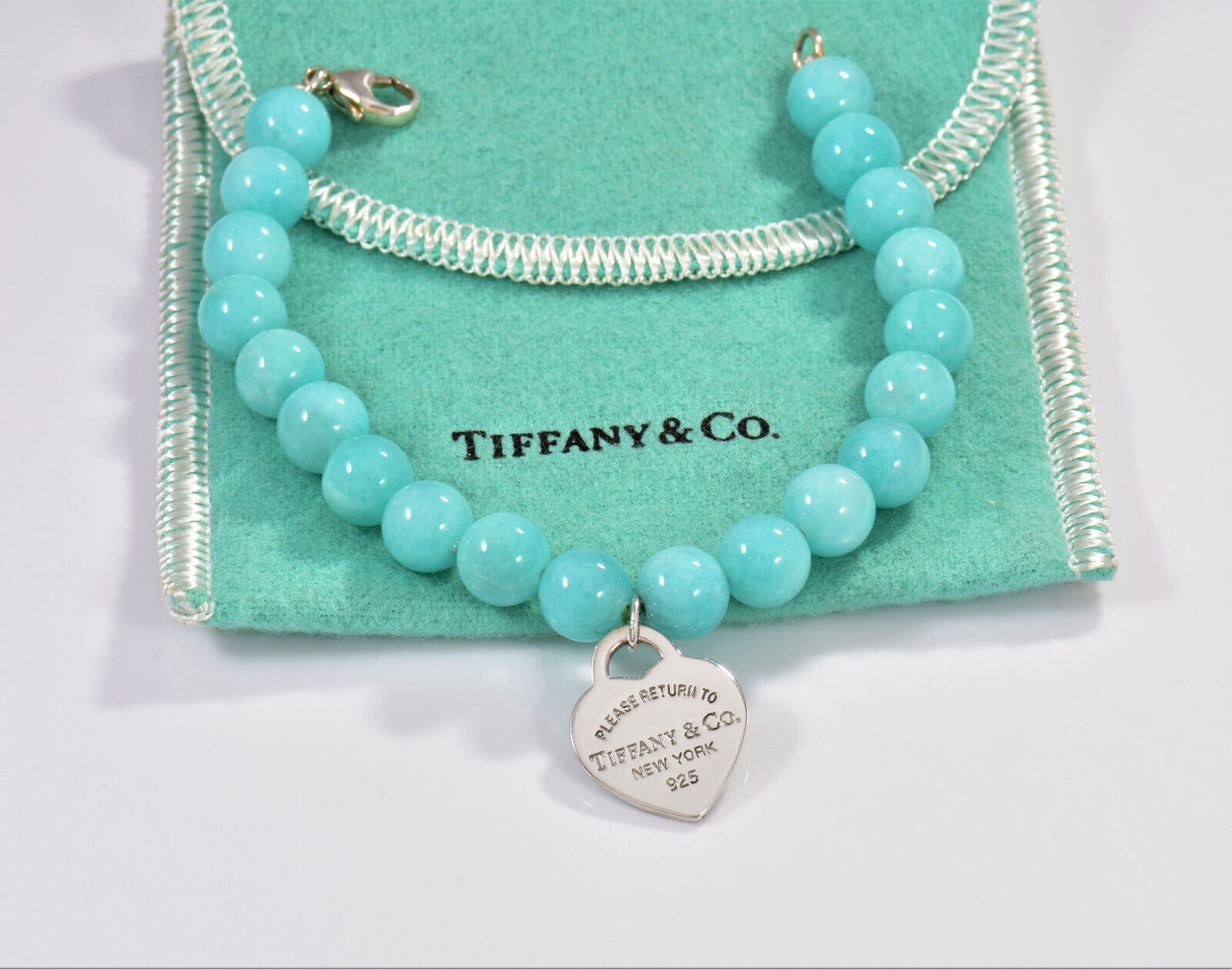 Please Return Tiffany & Co Blue Amazonite Silver Heart 8mm Bead 7.25" Bracelet