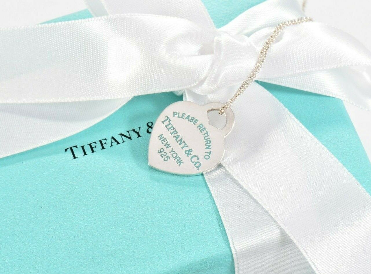 Please Return To Tiffany & Co Silver Heart Blue Enamel Letters 16" Necklace Rare