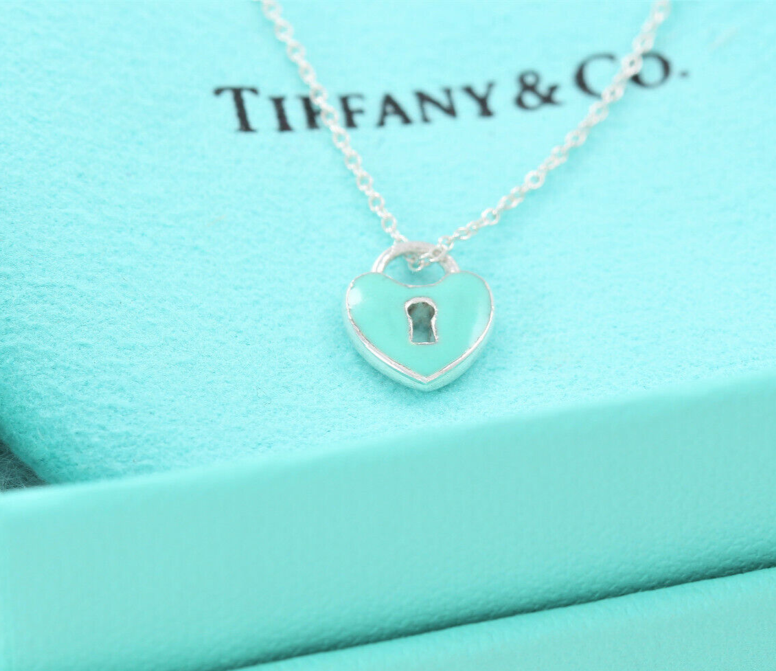 Tiffany & Co Silver Blue Enamel Small Heart Lock 16.5" Necklace in Pouch Keyhole