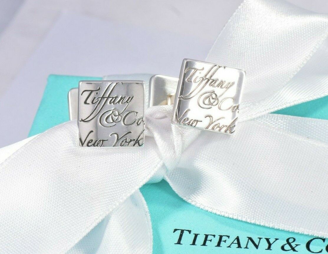 Tiffany & Co Sterling Silver Notes Wavy Square Cufflinks & Pouch Men Suit Pilot