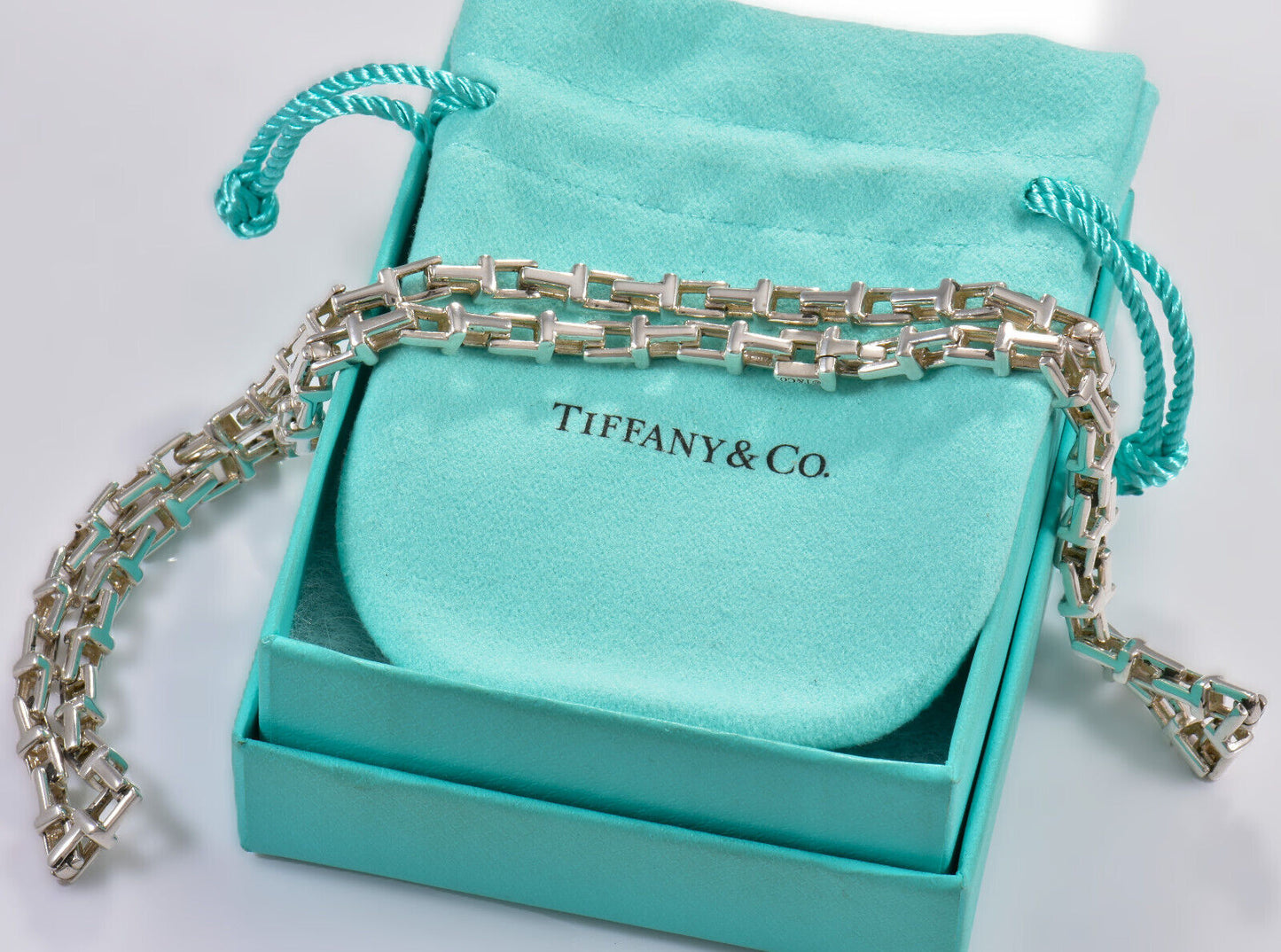 Tiffany & Co Silver Narrow Small T Square Link 20" Necklace in Box Pouch Rare