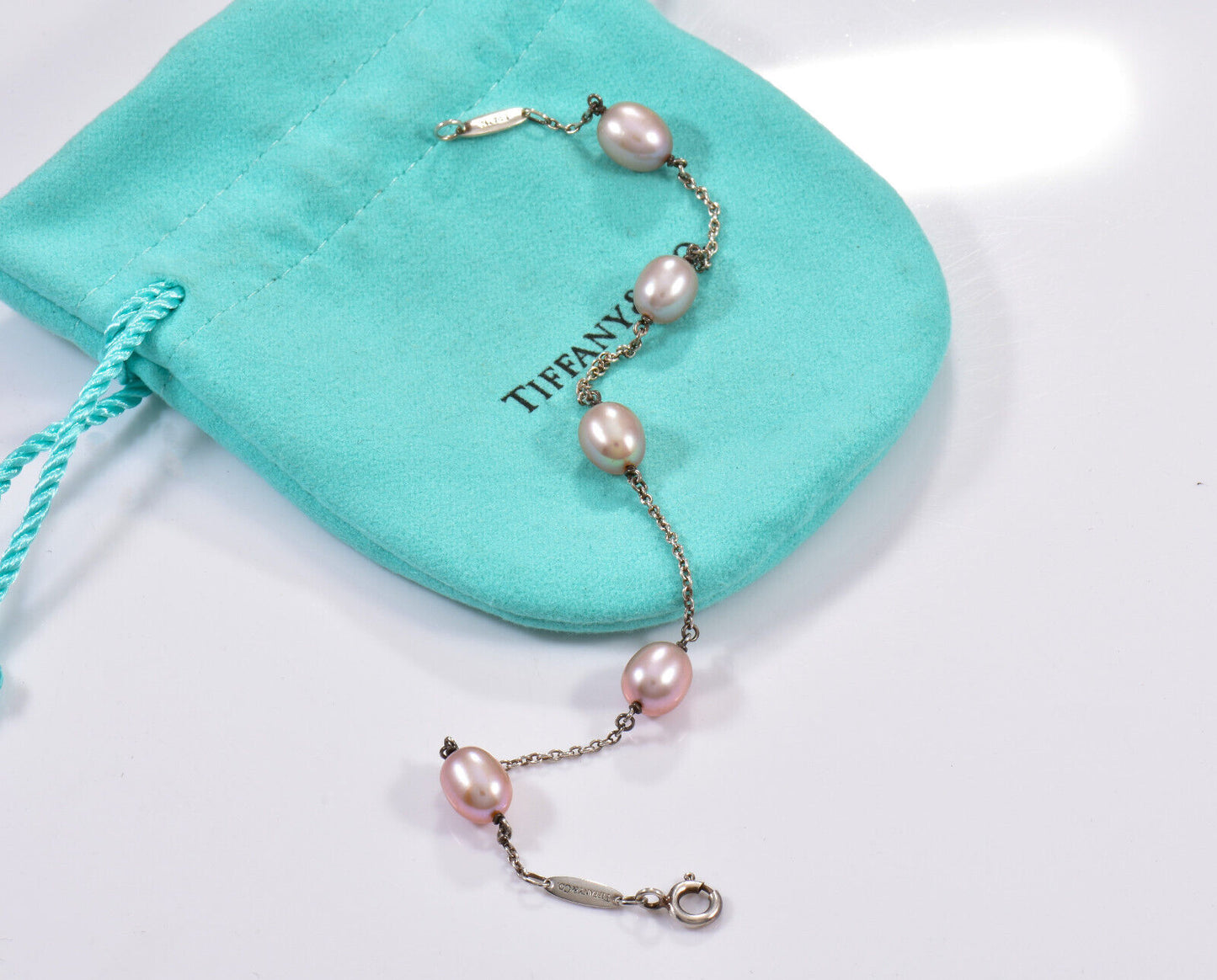 Tiffany & Co Silver Elsa Peretti 5 Pink Pearl By Yard 7.75" Bracelet in Pouch