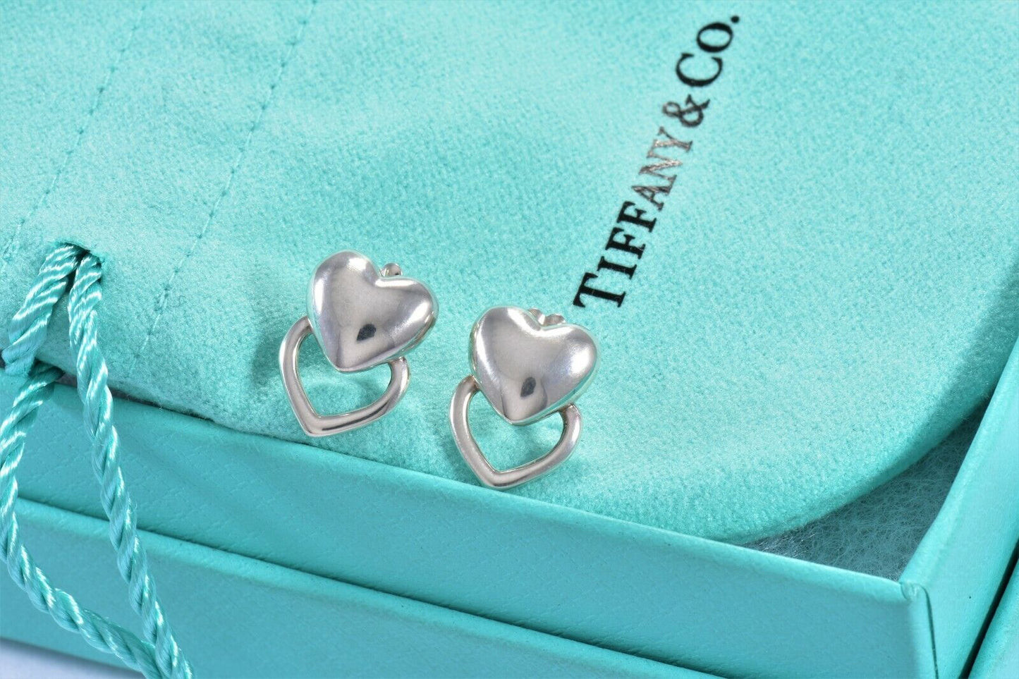 Tiffany & Co Silver Double Heart Stencil Puff Earrings and Pouch Lovely Stud