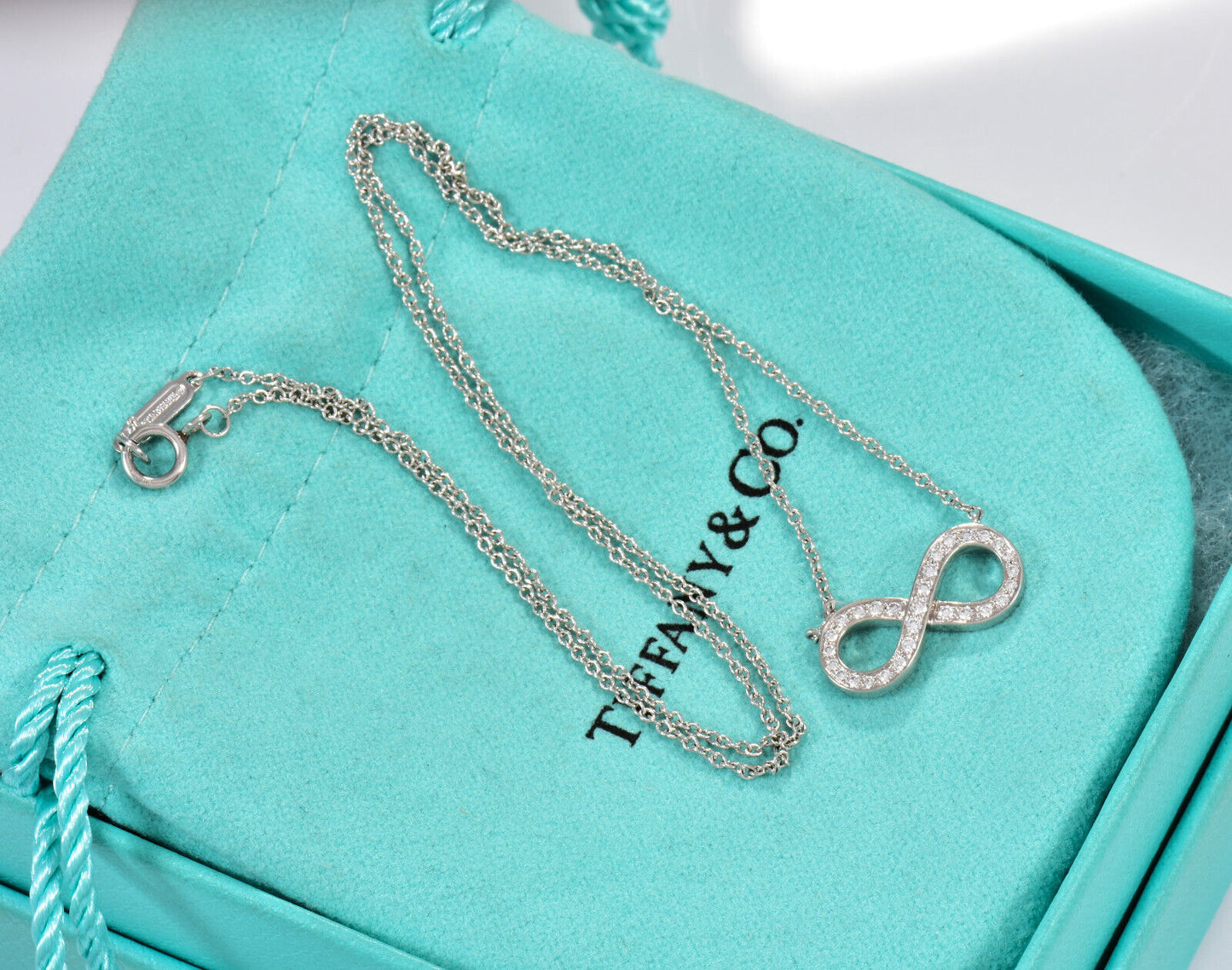 Tiffany & Co Diamond Platinum Infinity 16.25" Necklace & Box Pouch Eternity Rare