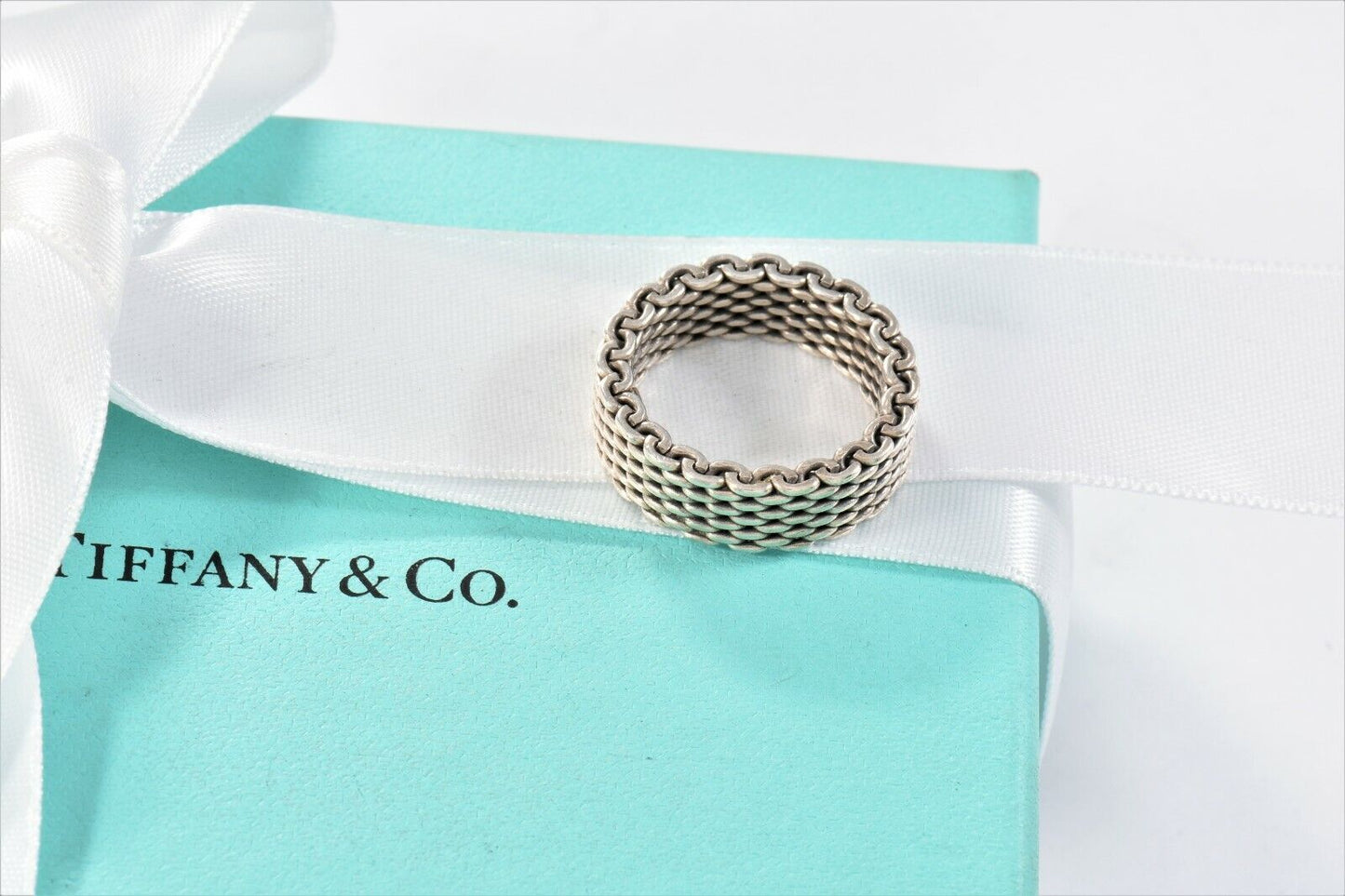 Tiffany & Co Somerset Sterling Silver Firm Mesh Ring Size 6.5 in Pouch Lovely