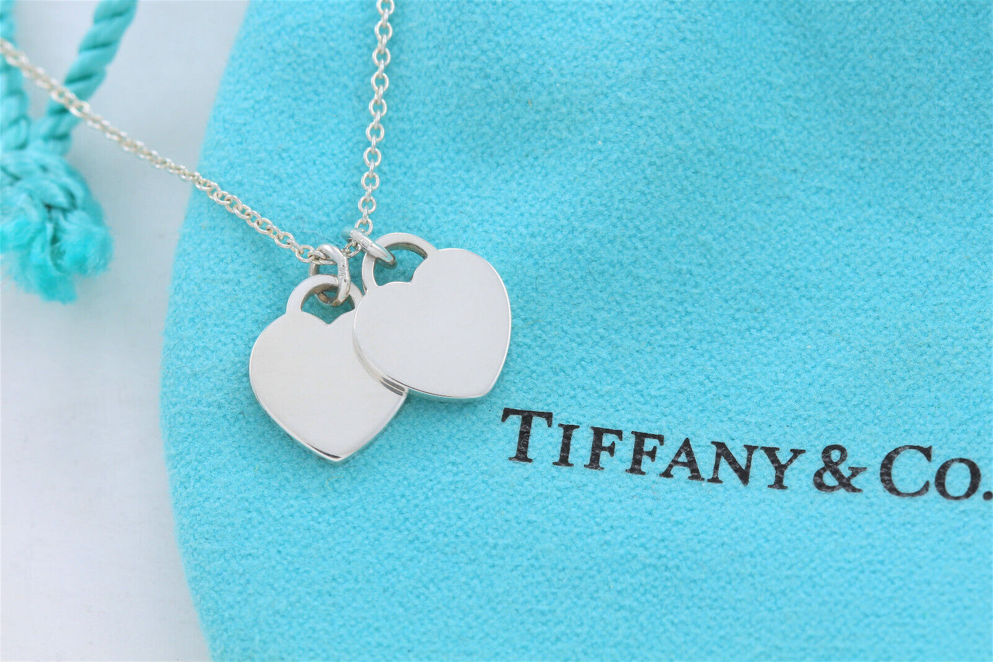 Please Return Tiffany & Co Silver Mini Double Heart Blue Enamel 16" Necklace Box