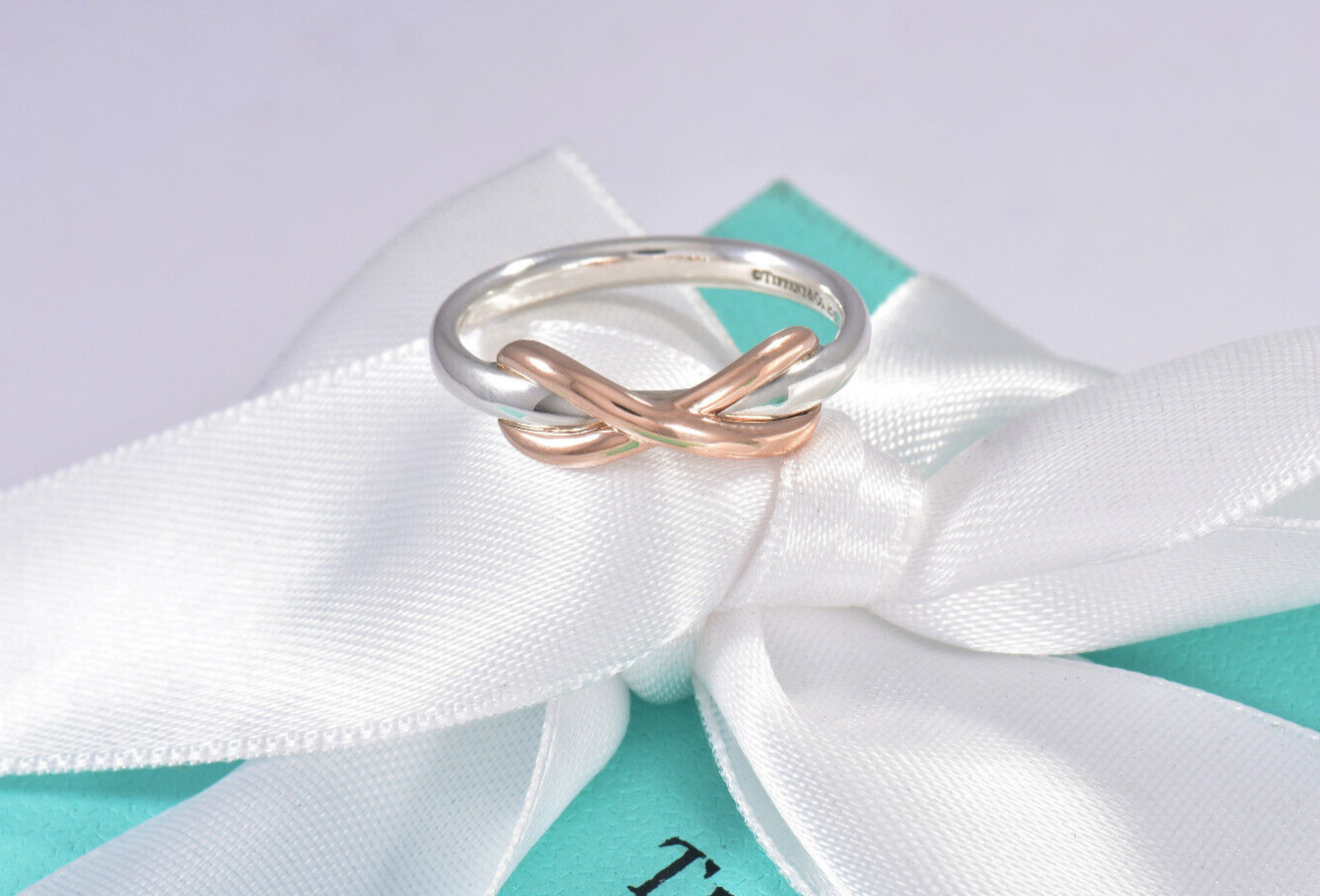 Tiffany & Co 18k Rose Gold Silver Infinity Knot Ring Size 6 in Box Narrow Band