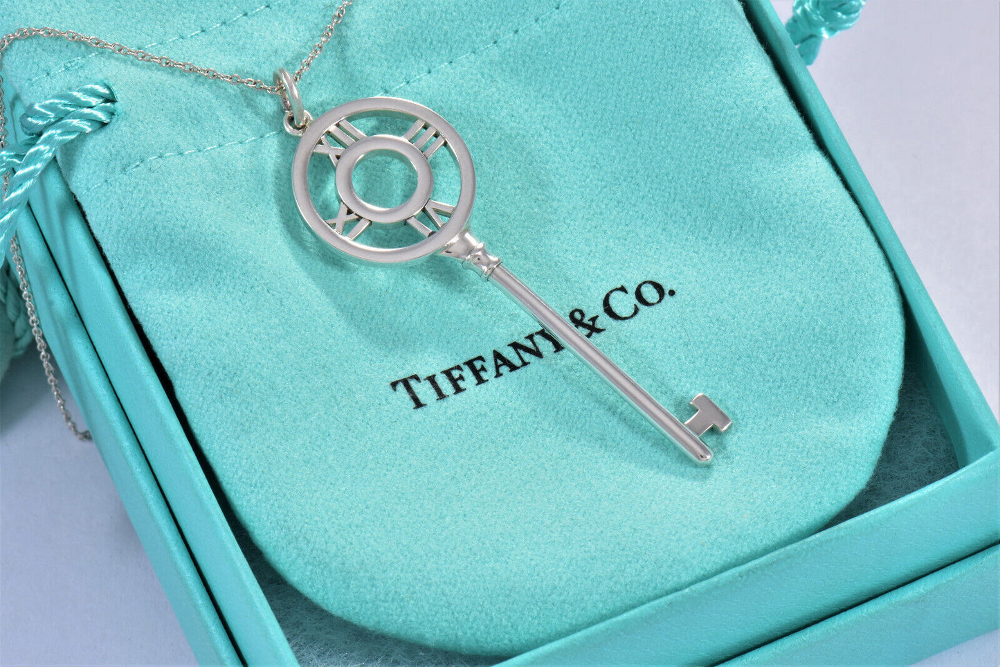 Tiffany & Co Silver 2.25" Atlas Charm Key Pendant 16.25" Necklace Boxed Numeral