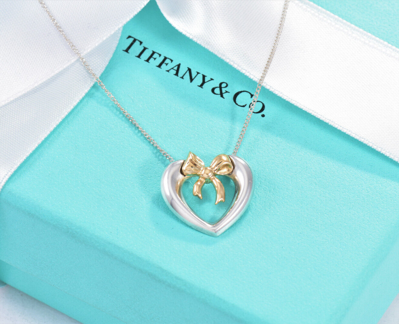 Vintage Tiffany & Co 18K Gold Silver Heart Bow 22" Fringe Necklace in Box Pouch