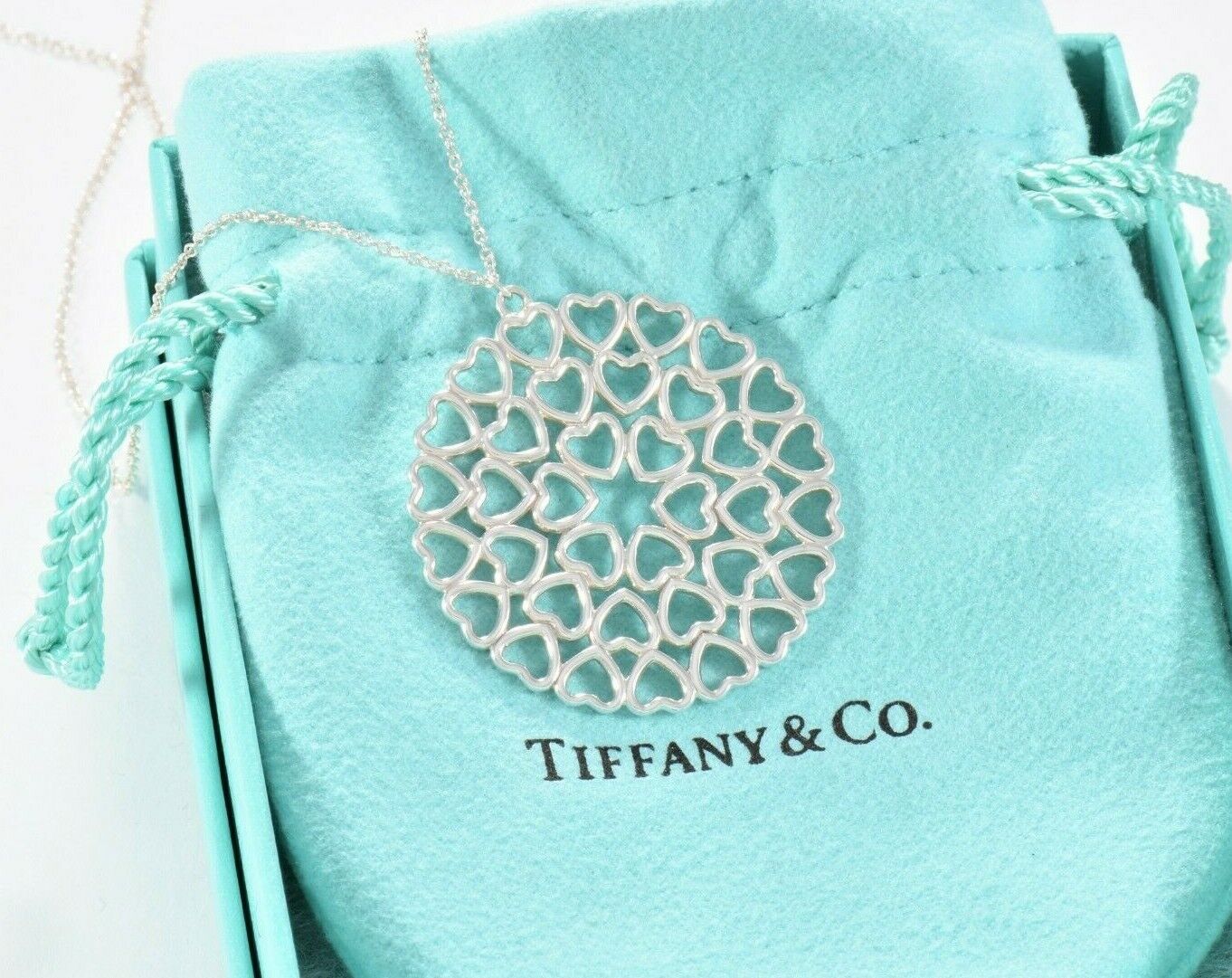 Tiffany & Co Silver Paloma Picasso Heart Medallion Charm 18.25" Necklace & Pouch