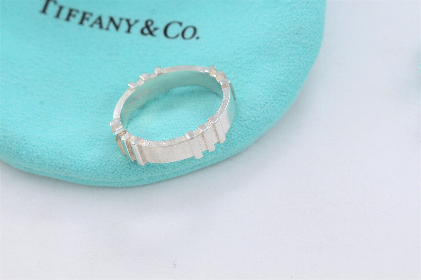 Tiffany & Co Brushed Silver Atlas Roman Numeral Matte Band Ring Size 7.5 & Pouch