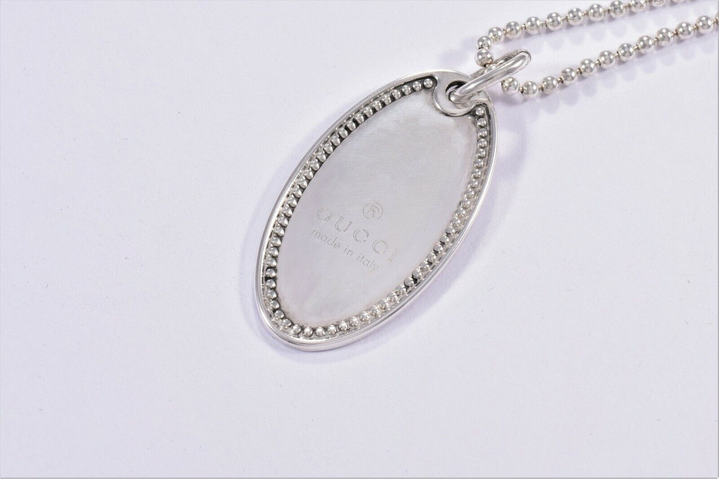 Gucci Italy Sterling Silver Ellipse Oval Dog Tag Bead Chain 20" Necklace