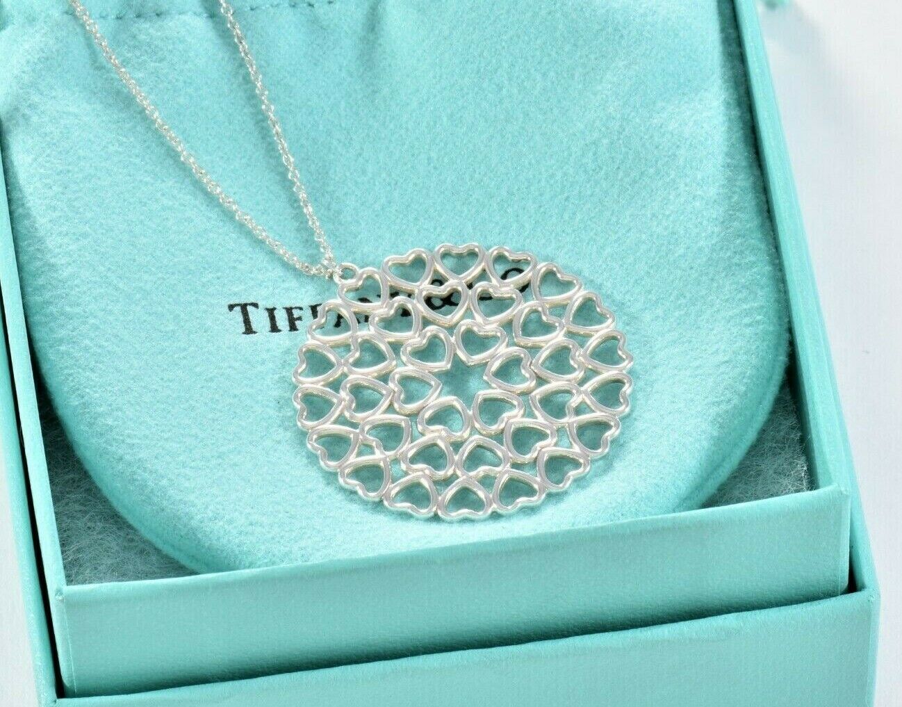 Tiffany & Co Silver Paloma Picasso Heart Medallion Charm 18.25" Necklace & Pouch