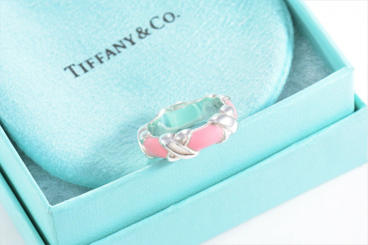 Tiffany & Co Silver Pink Enamel Signature X Stack Band Ring Size 9 in Pouch Rare