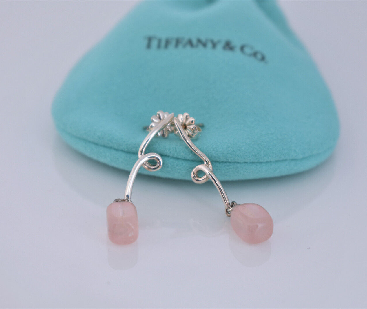 Tiffany & Co Silver Rose Quartz Gemstone Twist Dangling Earrings in Pouch Dangle