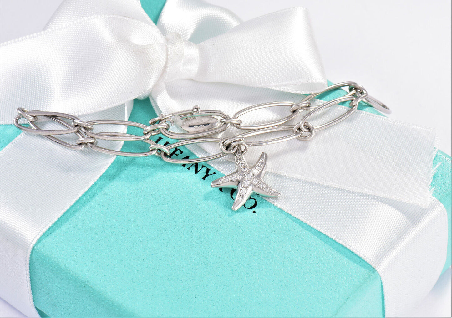 Tiffany & Co Elsa Peretti Diamond Platinum Starfish Charm 7.3" Bracelet in Box