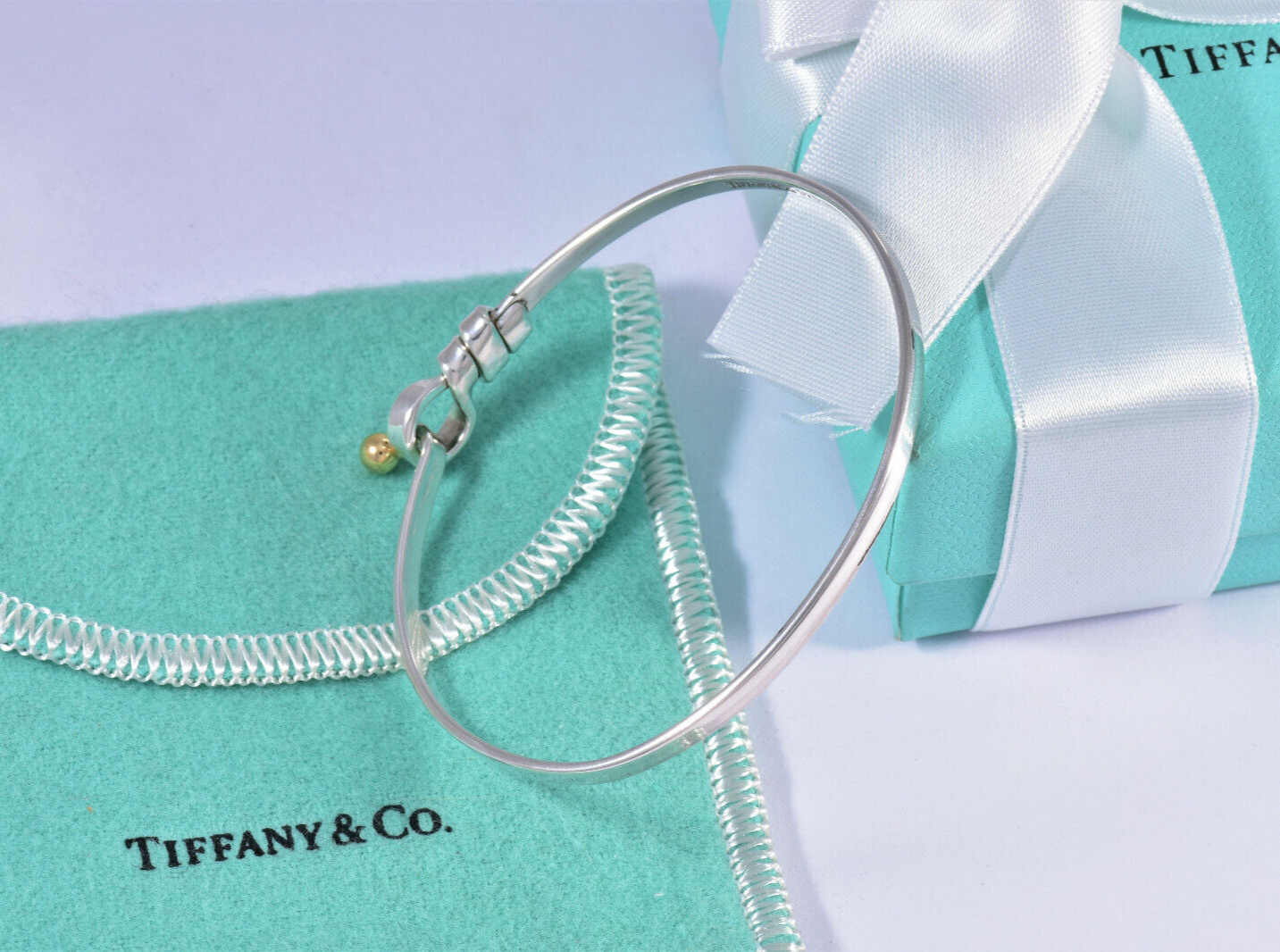 Tiffany & Co 18k Gold Silver Hook Eye Rope Bracelet in Pouch Rare Bangle Cuff