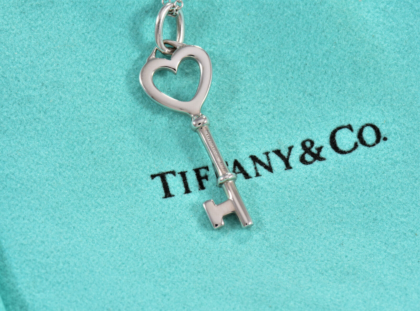 Tiffany & Co Diamond 18K White Gold Heart Key Pendant 18" Chain Necklace in Box