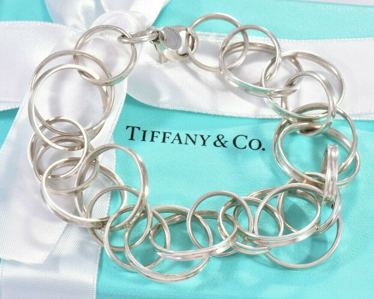 Tiffany & Co Silver 1837 Interlocking Circles 8.65" Rings Link Bracelet in Pouch