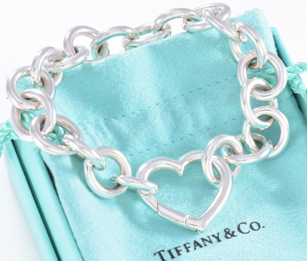 Tiffany & Co Sterling Silver Heart Clasp Chain 8" Bracelet in Pouch Rare Bangle