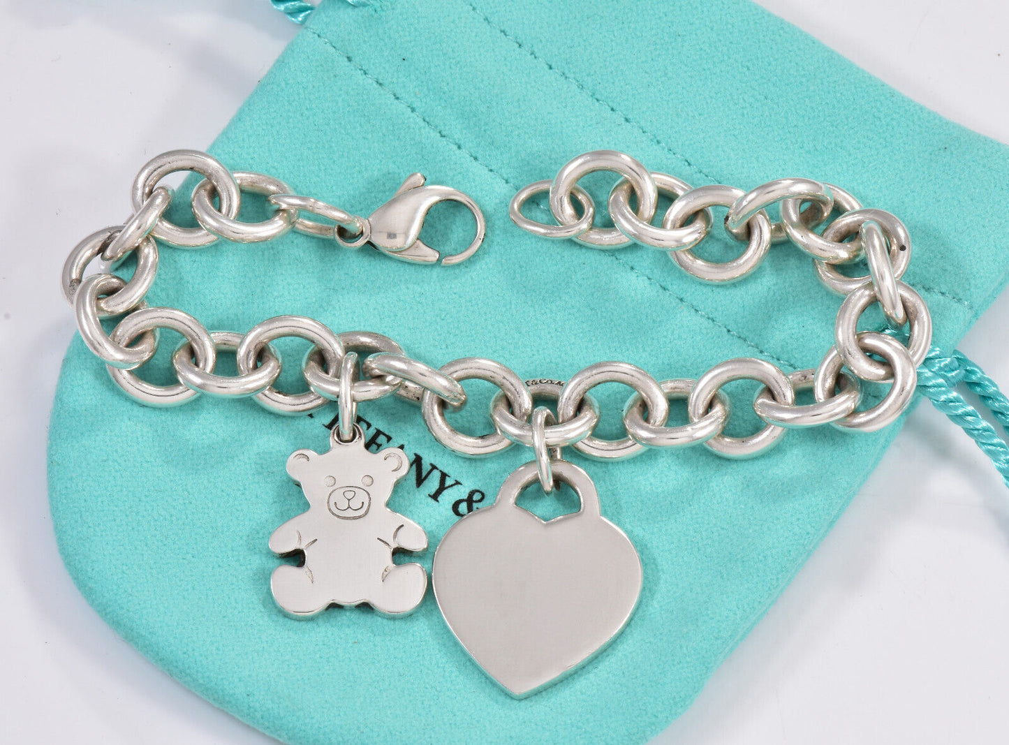 Tiffany & Co Silver Teddy Bear Heart Tag Two Charm 7.75" Chain Link Bracelet