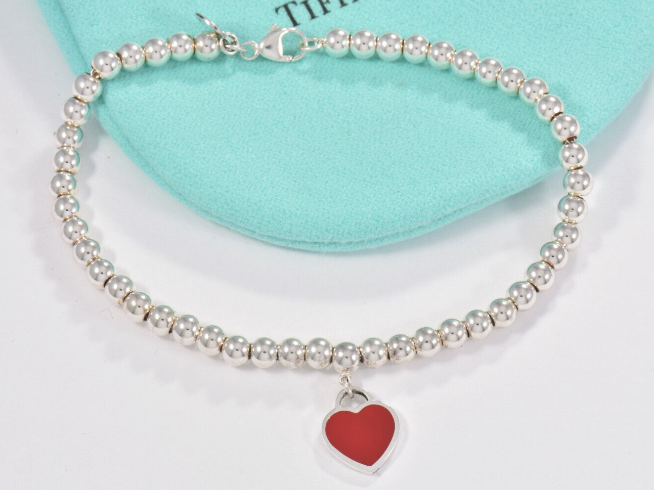 Please Return To Tiffany & Co Silver Red Enamel Heart Charm Bead Bracelet 7"