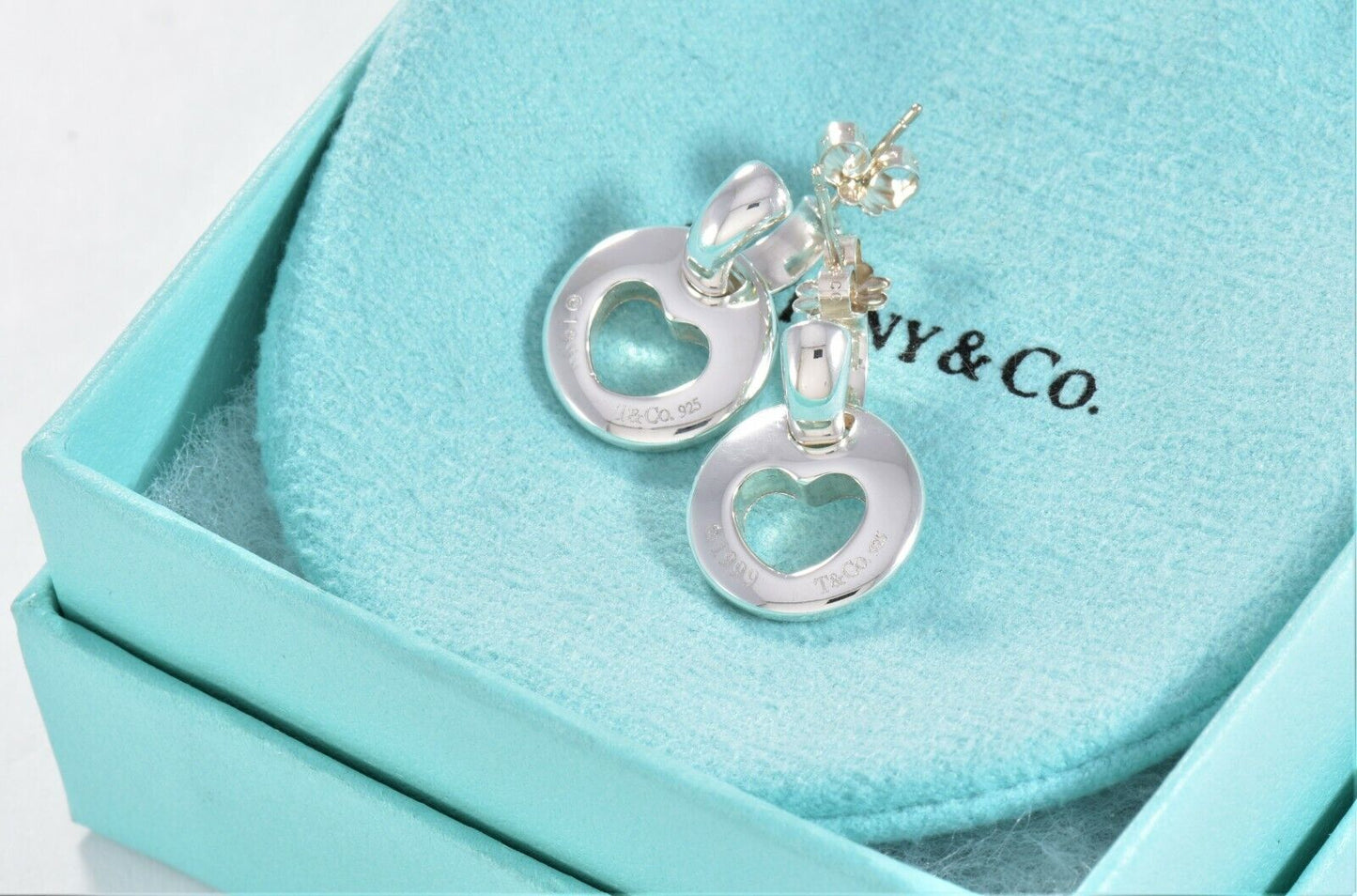 Tiffany & Co Silver Open Heart Cutout Hoop Dangle Stencil Love Earrings 2 in 1