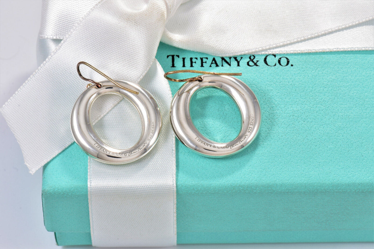 Tiffany & Co Silver Large Peretti Sevillana O Hook Dangle Earrings in Pouch Drop